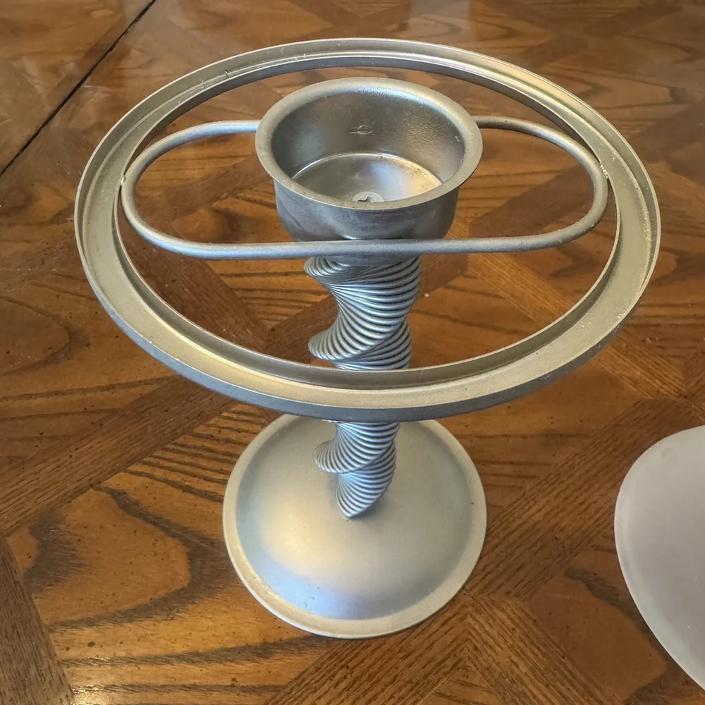 Silver Plated Candlestick Holder With Milk glass Shade Metal Wire Spiral Twist